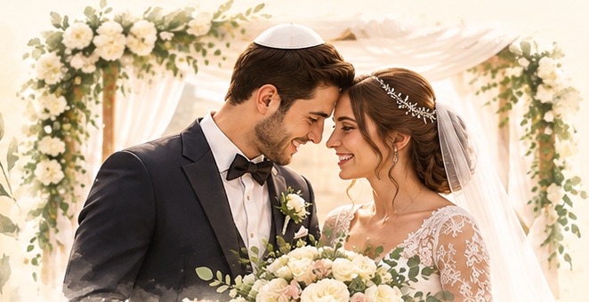 Young Jewish bride and groom celebrating their wedding